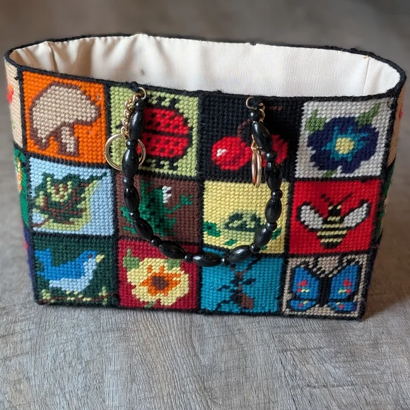 1970s Columbia Minerva "Ecology" Needlepoint Handbag Patchwork Vintage - Picture 3 of 10